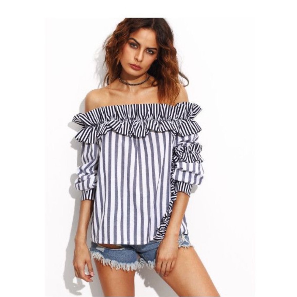 Striped Ruffle Off-Shoulder Top 💯 Cotton